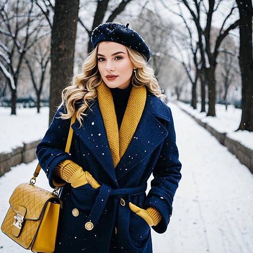Woman in Navy Winter Coat with Mustard Yellow Accents