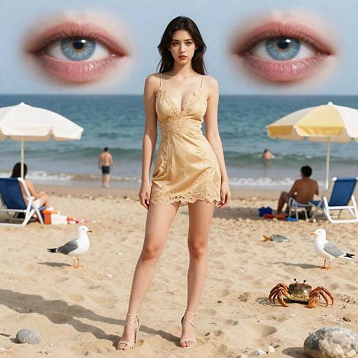 Woman in Gold Lace Dress on Beach with Eyes Overlay