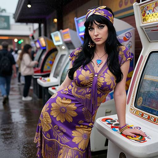 Photograph of a pregnant woman with long black hair, wearing a purple floral dress and matching cap, leaning on an arcade game in a rainy, bustling