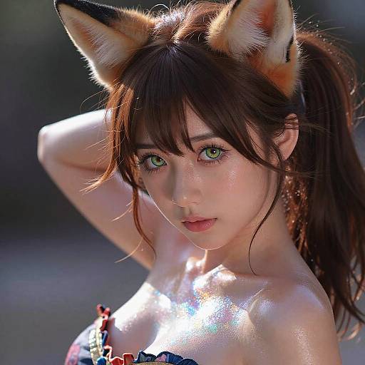 Digital art of an anime-style girl with green eyes, brown hair, fox ears, and glowing skin, wearing a strapless top, with sunlight highlighting