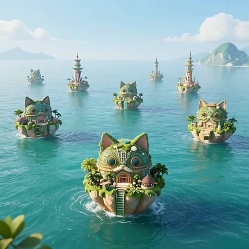 Whimsical CGI image of floating cat-shaped houses with green roofs, windows, and ladders, surrounded by calm blue ocean under a bright sky.