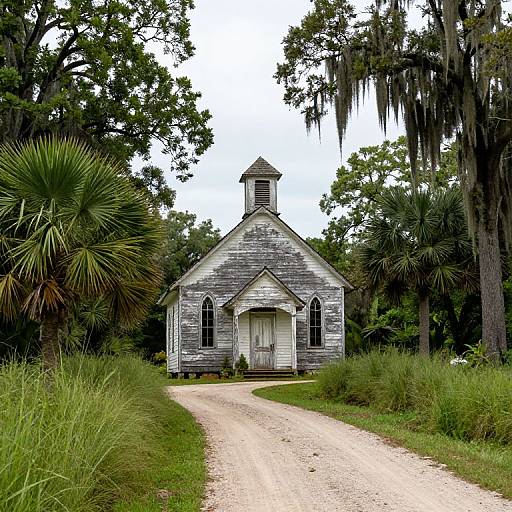 Photograph of a small, weathered gray wooden church with a white door and steeple, surrounded by tall trees, palm plants, and hanging