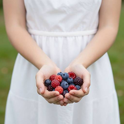 Photograph of a person in a white dress, hands gently holding a bowl of mixed berries (blueberries, raspberries, blackberries) outdoors.