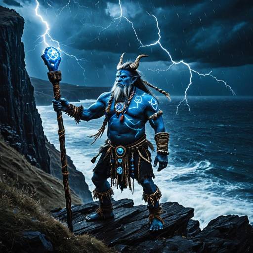 Troll Shaman Casting Electric Blue Runes on Stormy Cliffside