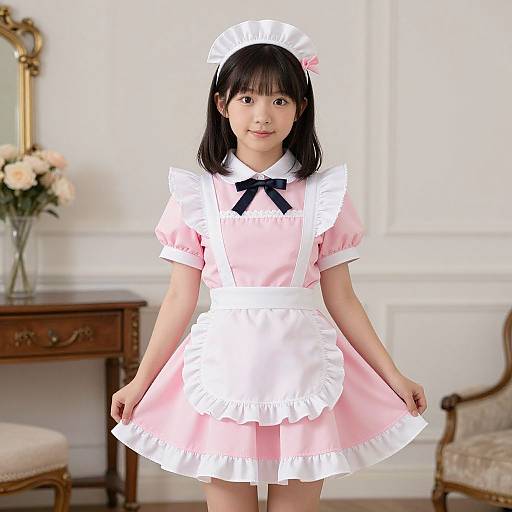 Photograph of an Asian girl in a pink and white French maid outfit, standing in an elegant, vintage room with a wooden table and floral vase.