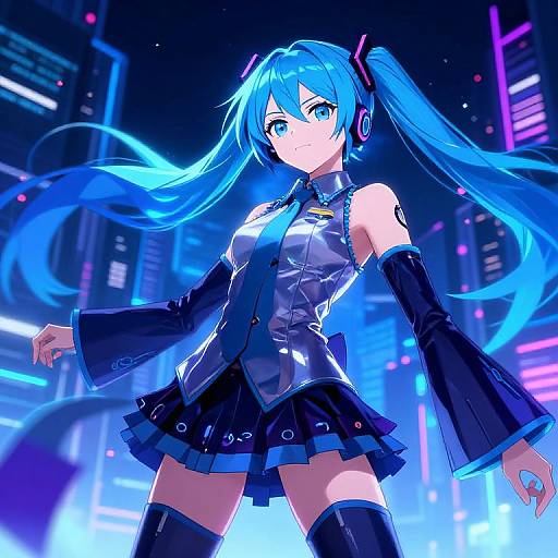 Digital anime artwork of Hatsune Miku with vibrant blue twin-tails, futuristic black outfit, thigh-high boots, and neon cityscape background.