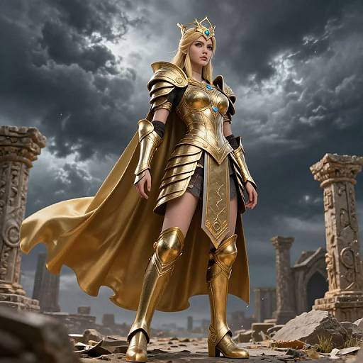 Digital artwork of a regal, blonde, fair-skinned woman in golden armor and crown, standing in a stormy, ancient ruins landscape.