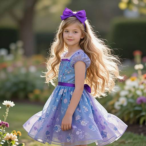 Photograph of a cute, blonde, young girl with long, wavy hair and a purple bow, wearing a blue floral dress, standing in a