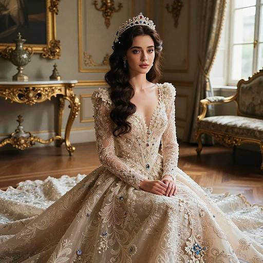 Photograph of a beautiful brunette woman with long wavy hair, wearing a detailed, ivory lace wedding gown and tiara, seated in an ornate
