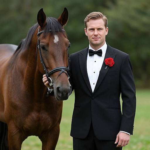 Photograph of a handsome man in a black tuxedo with a red rose boutonniere, standing beside a brown horse with a black br