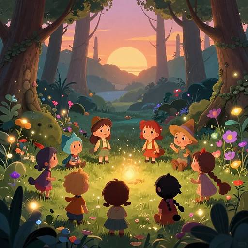 Digital illustration of seven children with diverse hair colors, standing around a glowing fire in a magical forest at sunset, surrounded by colorful flowers and tall trees.