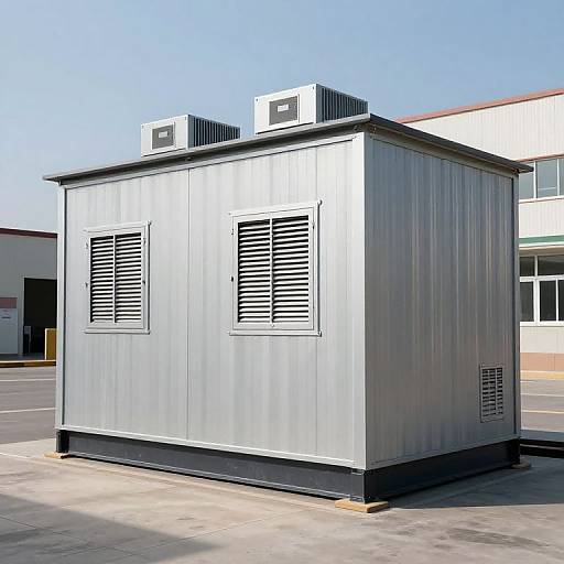 Photograph of a small, silver, metallic utility building with two vented windows, black trim, and two air conditioning units on the roof, set