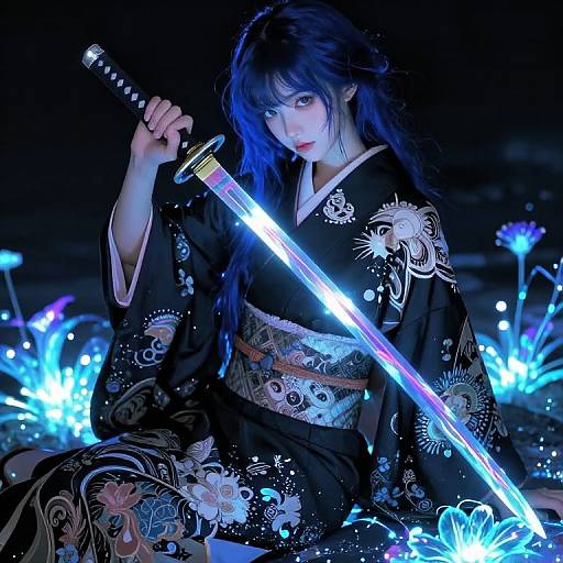 Neon Kimono Girl with Glowing Katana