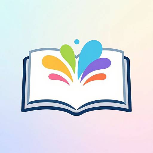 Digital logo of an open book with colorful abstract petals in green, blue, orange, yellow, and purple on a gradient blue to white background.