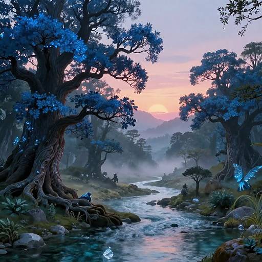 Fantasy forest sunset: ethereal blue butterflies, glowing flowers, tall twisted trees, winding stream, misty mountains, silhouetted figures,
