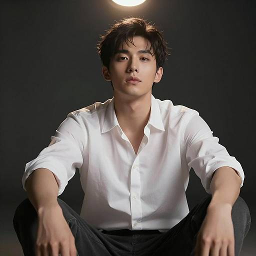 Man in White Shirt Sitting with Arms Forward