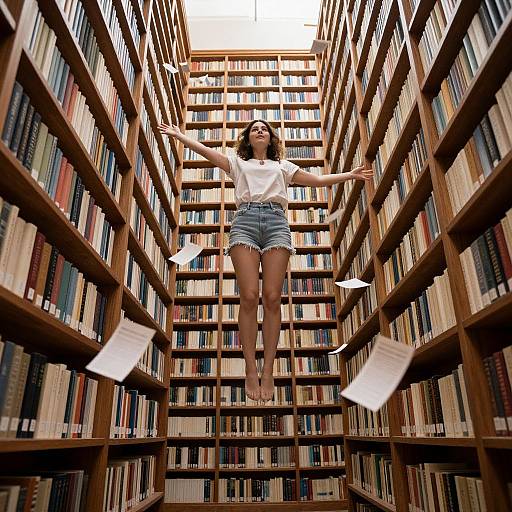 Photograph of a woman with dark hair, white blouse, and denim shorts, floating mid-air between tall bookshelves in a library. Papers float