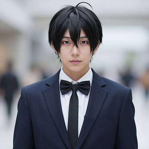 Photograph of a young Asian man with black, slightly messy hair, wearing a black tuxedo, white shirt, and black bow tie, standing