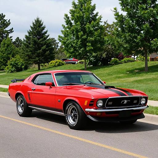 Photograph of a bright red, classic Ford Mustang with black stripes driving on a suburban street, surrounded by green trees and grass.