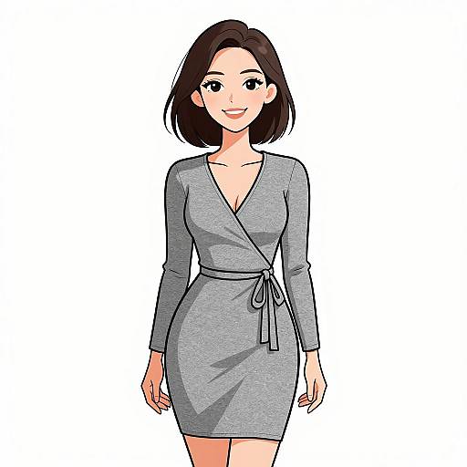 Smiling Woman in Grey Wrap Dress