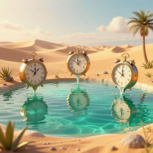 Three vintage gold alarm clocks standing in a turquoise desert oasis, reflecting in the water, with sand dunes and a palm tree in the background. Photograph