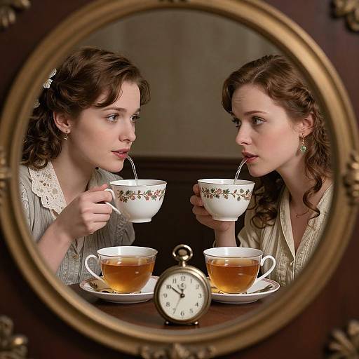 Photograph of two fair-skinned, brown-haired women with vintage hairstyles, sipping tea from floral-patterned cups, reflected in an ornate,