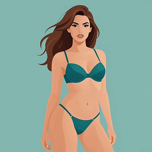 Digital illustration of a confident woman with long brown hair, wearing teal bra and panties, against a solid turquoise background.