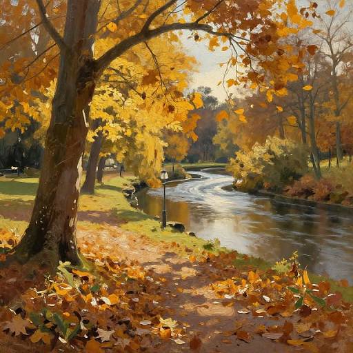 Photograph of a serene autumn park with a winding river, golden leaves covering the ground, and sunlight filtering through vibrant orange trees.
