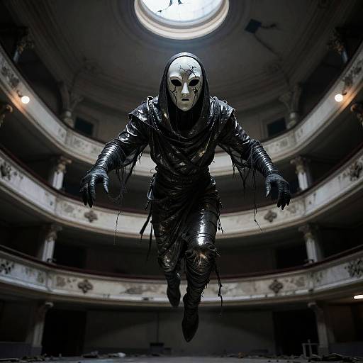 Sinister Wraith with Cracked Porcelain Mask in Abandoned Opera House