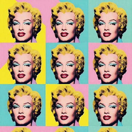Pop art-style digital collage of Marilyn Monroe's face with bright yellow, pink, and blue backgrounds, nine identical headshots in a 3x3