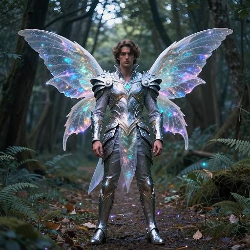 Photograph of a curly-haired man in silver armor with iridescent, glowing fairy wings standing in a dark, enchanted forest.