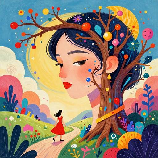 Whimsical digital illustration of a serene woman with dark hair, red lips, surrounded by a colorful tree with orbs, beside a red-dressed girl