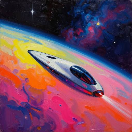 Vibrant digital painting of a sleek, silver UFO with black windows, soaring through a colorful, swirling cosmic landscape with bright reds, oranges,