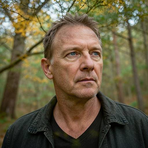 Photograph of a middle-aged man with short brown hair, light stubble, blue eyes, and a contemplative expression, wearing a black shirt,
