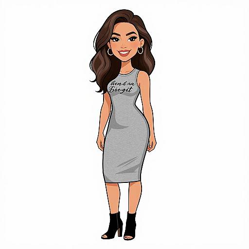 Cartoon-style digital drawing of a smiling woman with long brown hair, wearing a gray sleeveless dress, black ankle boots, and hoop earrings, standing