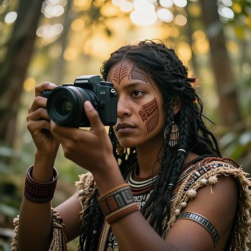 Photograph of a tribal woman with dark skin, braided hair, and intricate red facial markings, holding a Nikon camera in a sunlit forest,