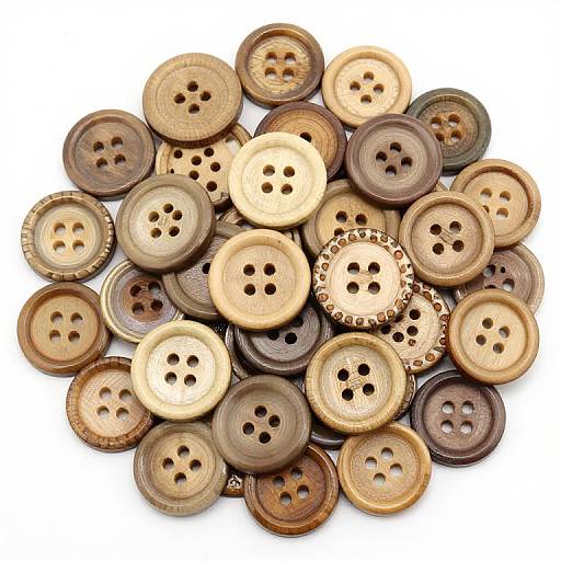 Photograph of a scattered pile of assorted wooden buttons in various sizes and shades of brown and beige, with different hole patterns, against a white background.