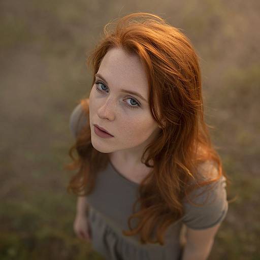 Photograph of a fair-skinned, red-haired woman with freckles, wearing a gray off-shoulder top, looking up with a slightly