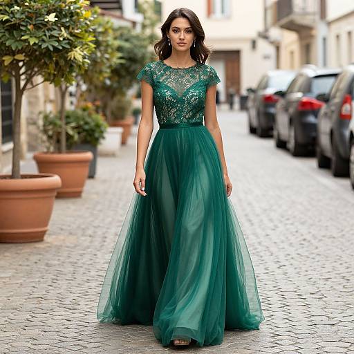 Photograph of a woman with wavy dark hair in a sheer green lace bodice and full-length tulle skirt, walking down a cobblestone