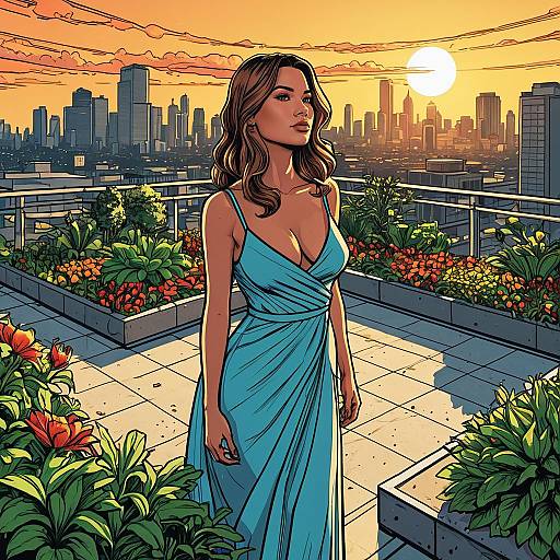 Woman in Blue Dress on Rooftop Garden at Sunset