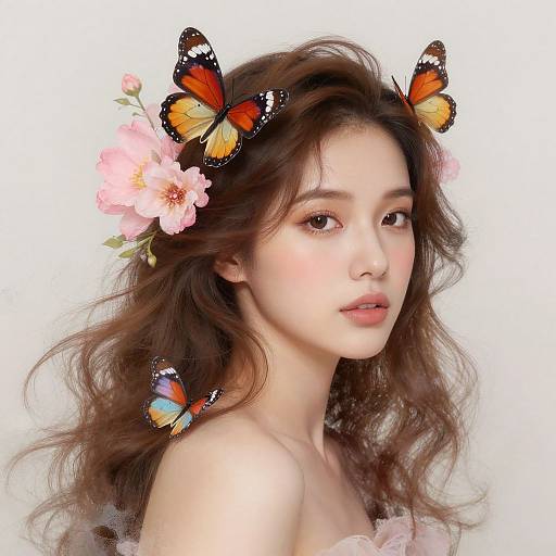 Digital portrait of an Asian woman with long, wavy brown hair, wearing a pink flower crown, and two colorful butterflies on her head.
