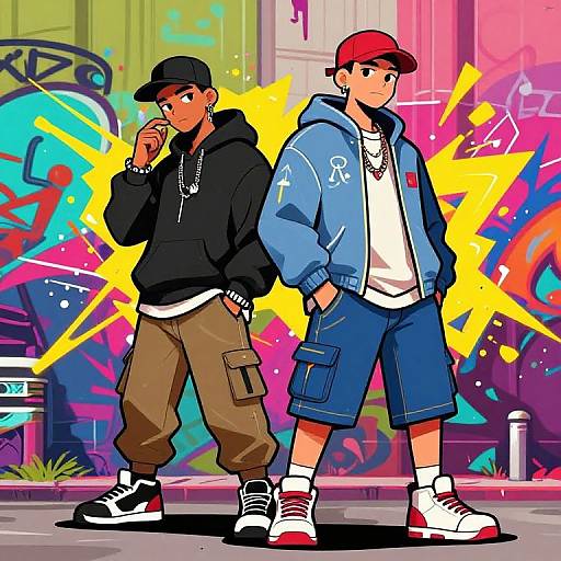 Digital illustration of two stylish, young men with urban outfits, standing against vibrant graffiti, one in black hoodie, the other in blue jacket.