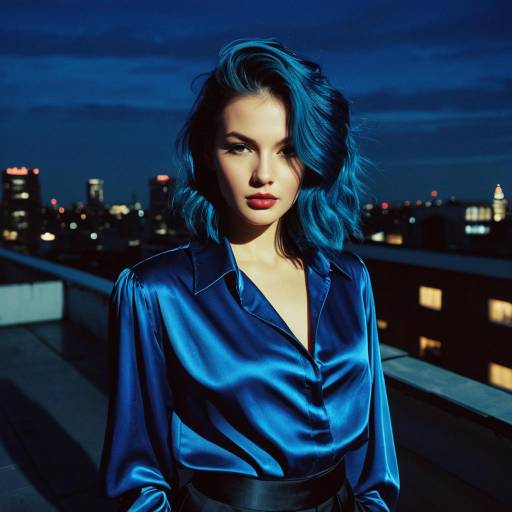 Fashion Model with Midnight Blue Hair on Rooftop at Night
