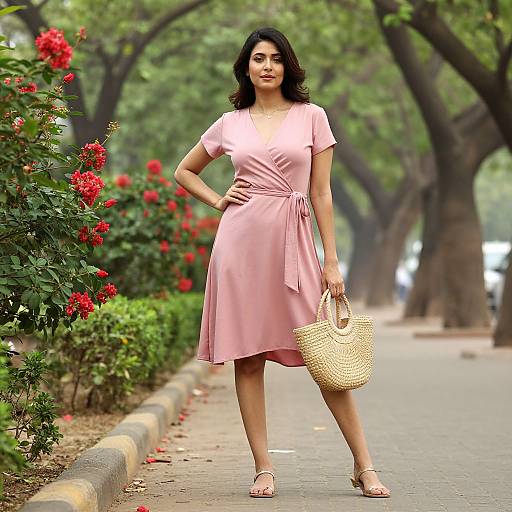 Photograph of a confident Indian woman with dark hair, wearing a pink wrap dress, holding a straw bag, standing on a tree-lined path with red