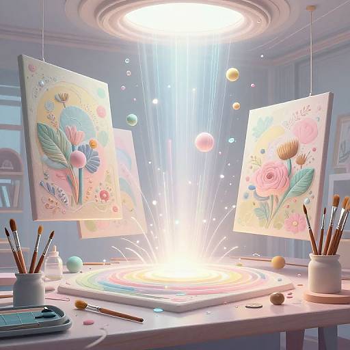 Digital art scene: Two floral paintings suspended by strings, illuminated by bright light beam, surrounded by colorful orbs, on a table with paintbrushes and