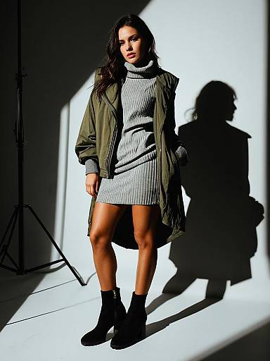 Woman in Grey Knit Dress and Olive Bomber Jacket