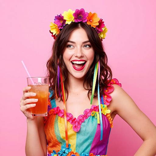 Photograph of a smiling woman with dark wavy hair, colorful flower headband, and rainbow dress, holding a glass of orange drink against a pink
