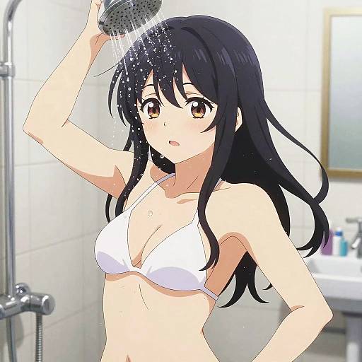 Anime-style digital drawing of a black-haired girl with brown eyes, wearing a white bikini, showering in a modern bathroom. Water streams from a handheld