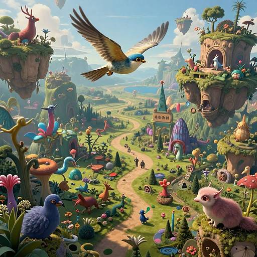 Whimsical digital painting of a vibrant, fantasy landscape with colorful, oversized birds, mushrooms, and floating islands, under a bright blue sky.