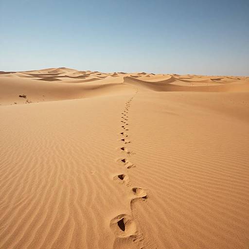 Photograph of a sunlit, golden desert with rippled sand dunes under a clear blue sky, featuring a single line of footprints leading into